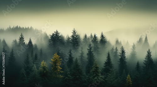 Landscape of thick fog enveloping a forest with towering trees, aerial view of misty woods with pine trees in the mountains in deep green shades