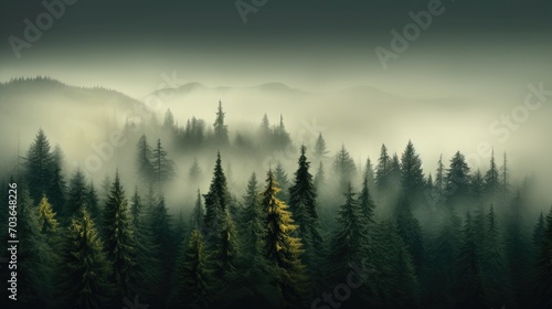 View of misty woods with tall trees, aerial shot of foggy forest with pine trees in the mountains in deep green shades
