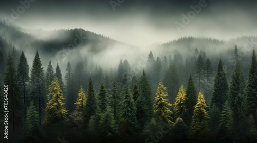 Overview of mist-draped woods with tall trees, bird's-eye view of foggy woodland with pine trees in the mountains in dark green tones photo