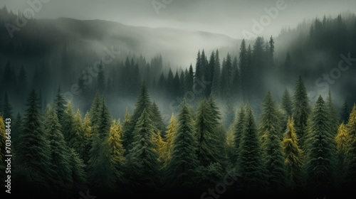 Landscape of mist-covered woods with towering trees, overhead perspective of foggy woods with pine trees in the mountains in deep green shades