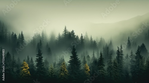 Observation of fog-enveloped forest with tall trees  overhead display of misty woods with pine trees in the mountains in dark green tones