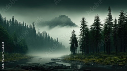 Vview of the waterway amidst a thick fog-covered woodland with tall trees. Enchanting scene of the river surrounded by misty forest