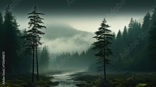 Landscape of the flowing river in the heart of a fog-draped forest with tall trees. Otherworldly sight of the river within the misty forest © artestdrawing