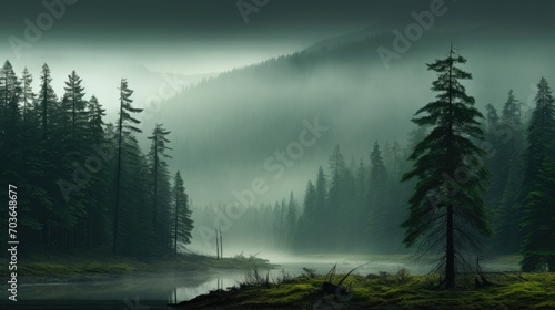 Overview of the river coursing through a mist-draped woodland with towering trees. Magical perspective of the river in the misty forest