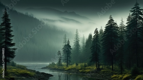 Scenery of the waterway winding through a fog-covered woodland with towering trees. Mysterious scene of the river embraced by the misty forest