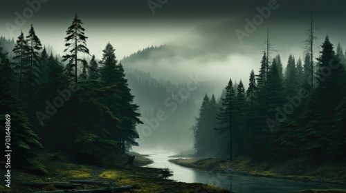 Glimpse of the river coursing through a mist-covered woodland with tall trees. Mystical sight of the river within the misty forest