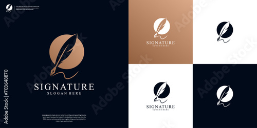 Quill signature logo design with minimalist feather ink Premium logo design template.