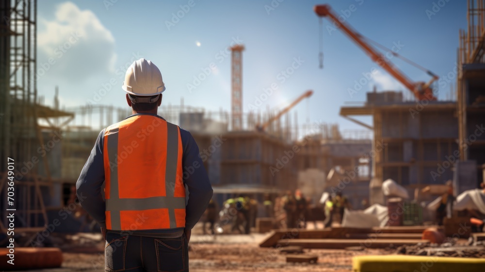 Engineer inspecting construction site,A civil engineer stands looking at the construction site. Engineer inspecting construction site,A civil engineer stands looking at the construction site.