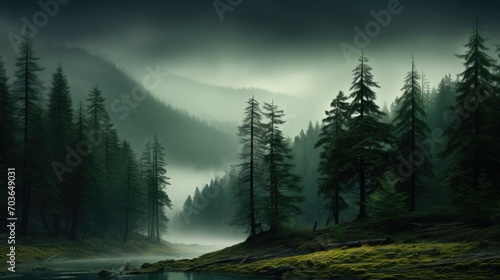 Sight of the river winding through a dense fog-covered forest with tall trees. Enchanting view of the river with misty woodland surroundings © artestdrawing