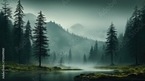 Glimpse of the river coursing through a mist-covered woodland with tall trees. Mystical sight of the river within the misty forest