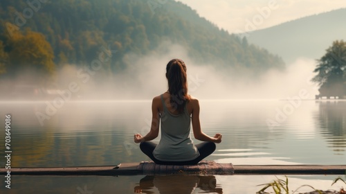 Behind the Young woman doing Yoga and the morning lake background 