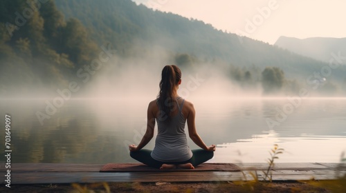Behind the Young woman doing Yoga and the morning lake background  © CStock