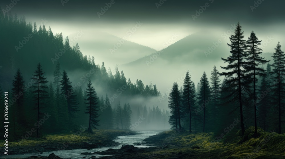 Landscape of the river flowing through a misty forest with tall trees. Otherworldly sight of the river in the misty woodland