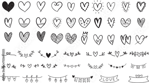 Heart doodles set. Hand drawn hearts collection for valentine day, love, marriage. love sign, flower wreath, heart wreath, flowers, leaves element Romance and love illustrations