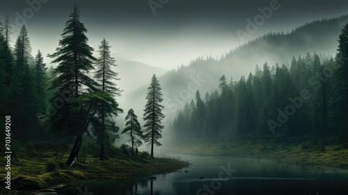 Overview of the flowing river in the middle of a dense misty forest with towering trees. Magical perspective of the river in the misty forest © artestdrawing