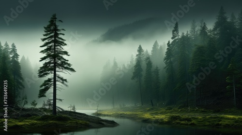 Display of the river in the midst of a fog-blanketed forest with tall trees. Enchanting view of the river with misty woodland surroundings © artestdrawing