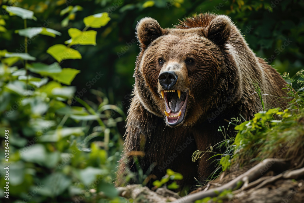 Roaring angry brown bear in the forest at summer