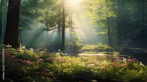 peaceful morning and the soft morning light sprinkles among the dense forests 