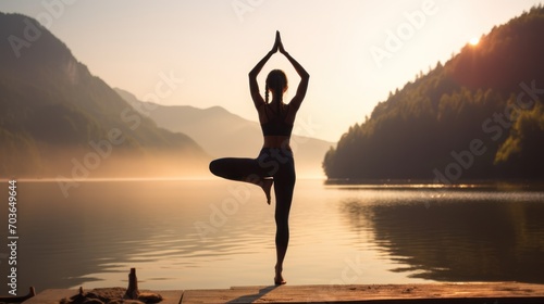 Silhouette of a yoga ,Young woman doing Yoga with Warrior pose in the morning lake background. 