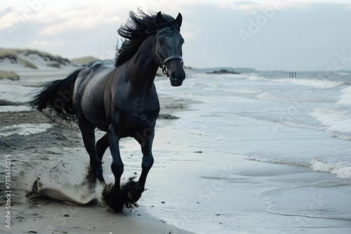 A black horse running on a beach © Asiri