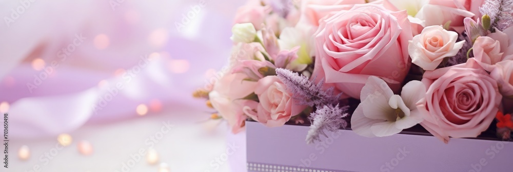 beautiful bouquet in a box on a white table, top view, close-up with blurred background,