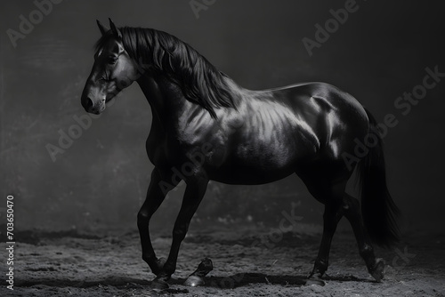 A full body of black horse in monochrome, emphasizing the sleek lines and beauty of the animal