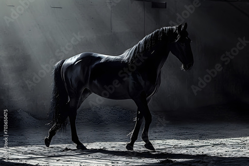 A full body of black horse in monochrome  emphasizing the sleek lines and beauty of the animal
