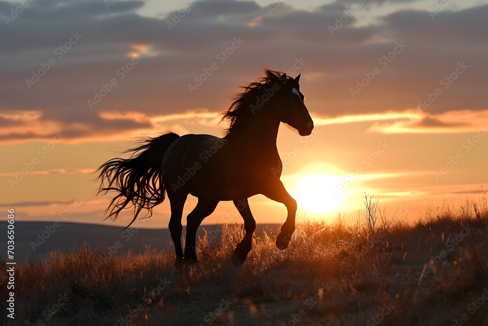 A black stallion, horse silhouetted against a dramatic sunset or sunrise, captures the spirit of freedom and wilderness A black stallion, horse silhouetted against a dramatic sunset or sunrise, captures the spirit of freedom and wilderness