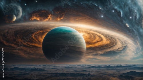  a gas giant with swirling storms, massive atmospheric phenomena, and floating islands suspended in the upper layers of the atmosphere Generative AI