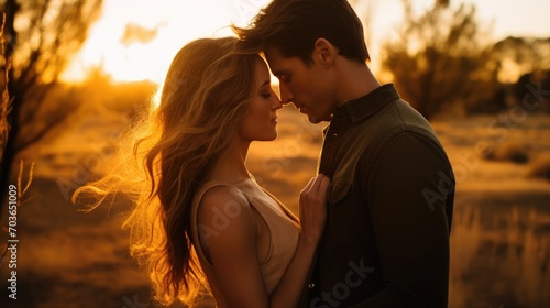 A romantic couple embraces under a golden sunset, 