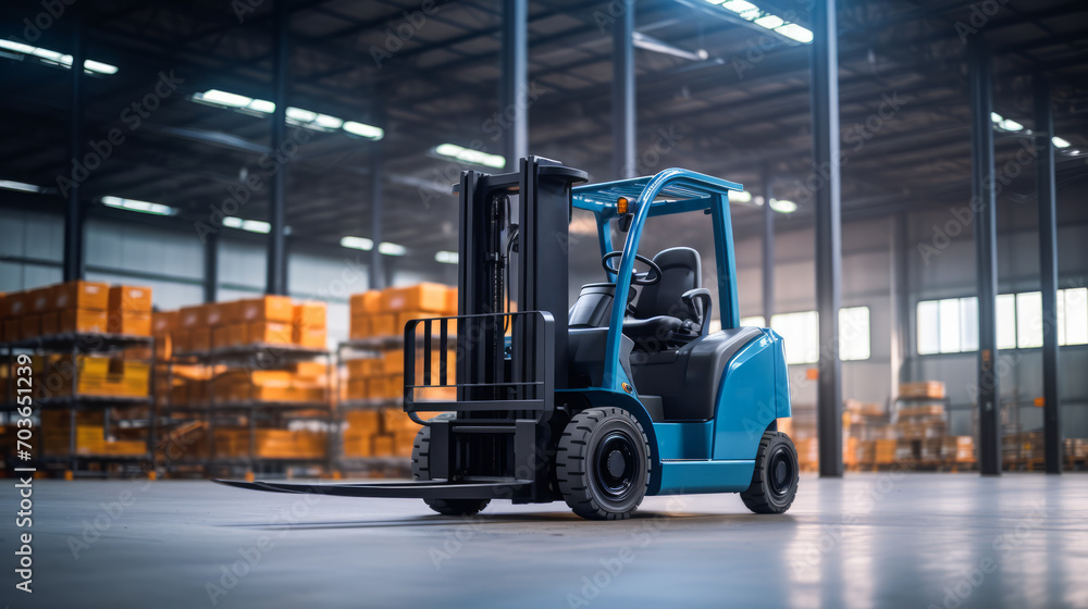 Blue forklift parked in industrial warehouse with pallets. Warehouse concept. Generative AI - obrazy, fototapety, plakaty 