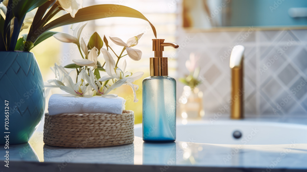 Chic bathroom setting with blue glass soap dispenser and fresh white flowers. Wellness and luxury concept. Generative AI