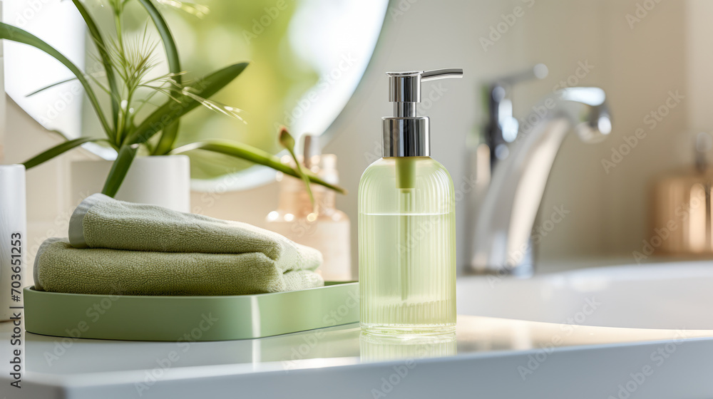 Minimalist green soap dispenser on white bathroom sink. Cleanliness concept. Generative AI Minimalist green soap dispenser on white bathroom sink. Cleanliness concept. Generative AI