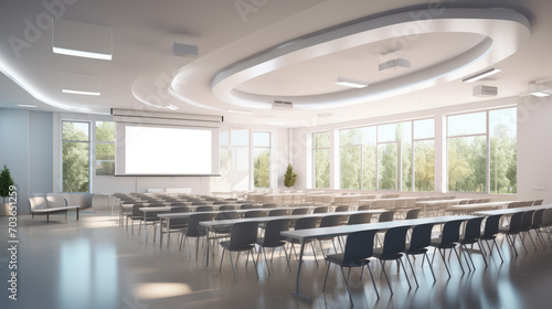 Contemporary lecture hall with circular lighting and wide windows. Learning environment. Generative AI