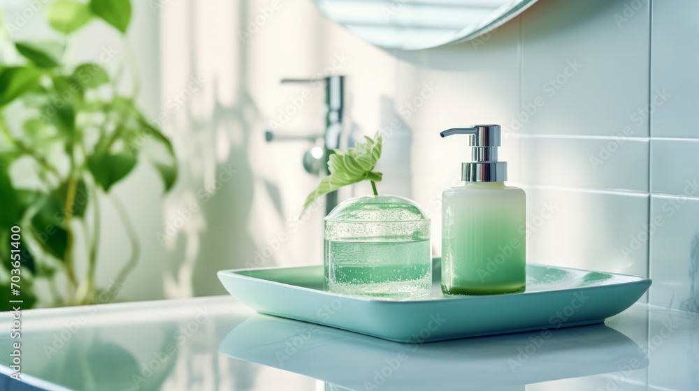 Green translucent bathroom set on a bright tiled countertop. Freshness and cleanliness concept. Generative AI Green translucent bathroom set on a bright tiled countertop. Freshness and cleanliness concept. Generative AI