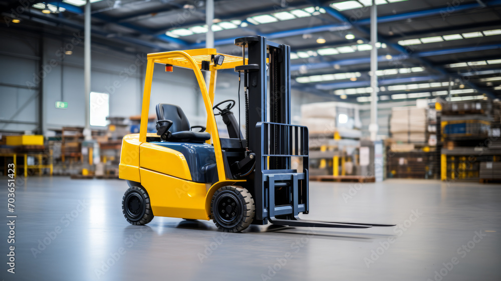 Yellow forklift parked in a modern warehouse with goods in background. Logistics concept. Generative AI Yellow forklift parked in a modern warehouse with goods in background. Logistics concept. Generative AI