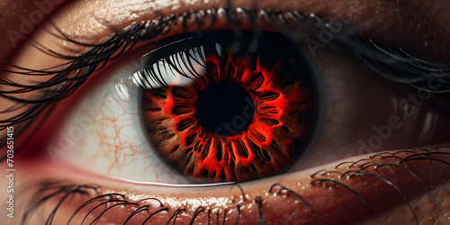 Crimson Gaze Red Eye Close-Up, Close de um lindo olho humano com uma íris de cor escarlate.  photo