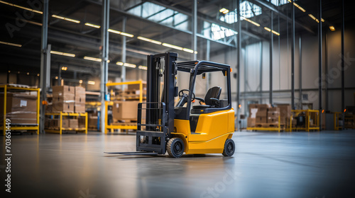 Yellow forklift in action inside a busy warehouse, boxes and shelves visible. Industrial workflow. Generative AI