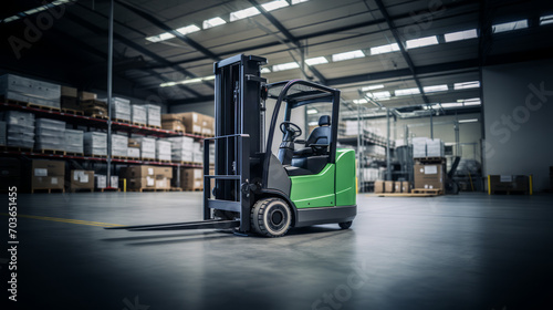 Side view of green forklift in warehouse, industrial machine on shiny floor. Efficiency concept. Generative AI photo