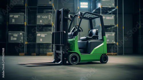 Green forklift in warehouse, clean industrial environment. Productivity concept. Generative AI