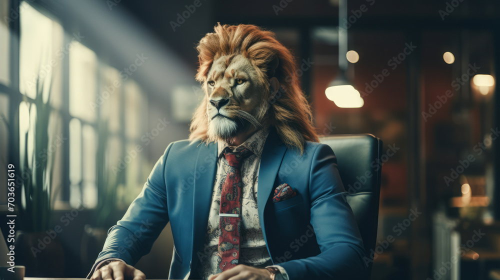 Focused lion-headed businessman in office, evoking strategic leadership and determination. Generative AI