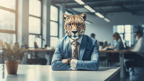 Cheetah in blue suit at office depicts agility in business, modern workspace. Teamwork background. Generative AI photo