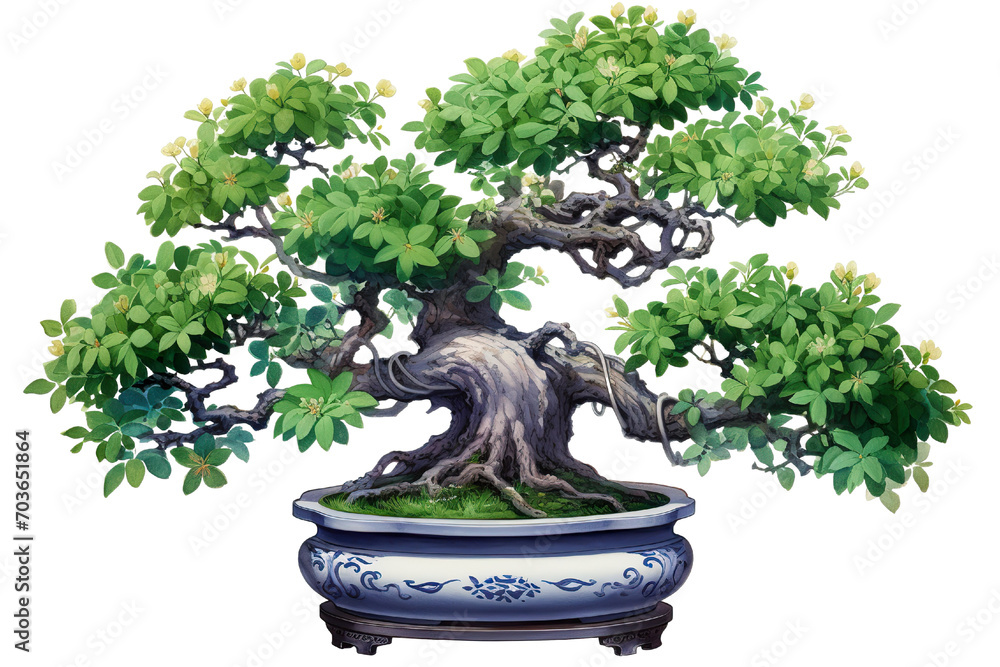 Pot of giant green bonsai with a little flowers on a white background PNG Pot of giant green bonsai with a little flowers on a white background PNG