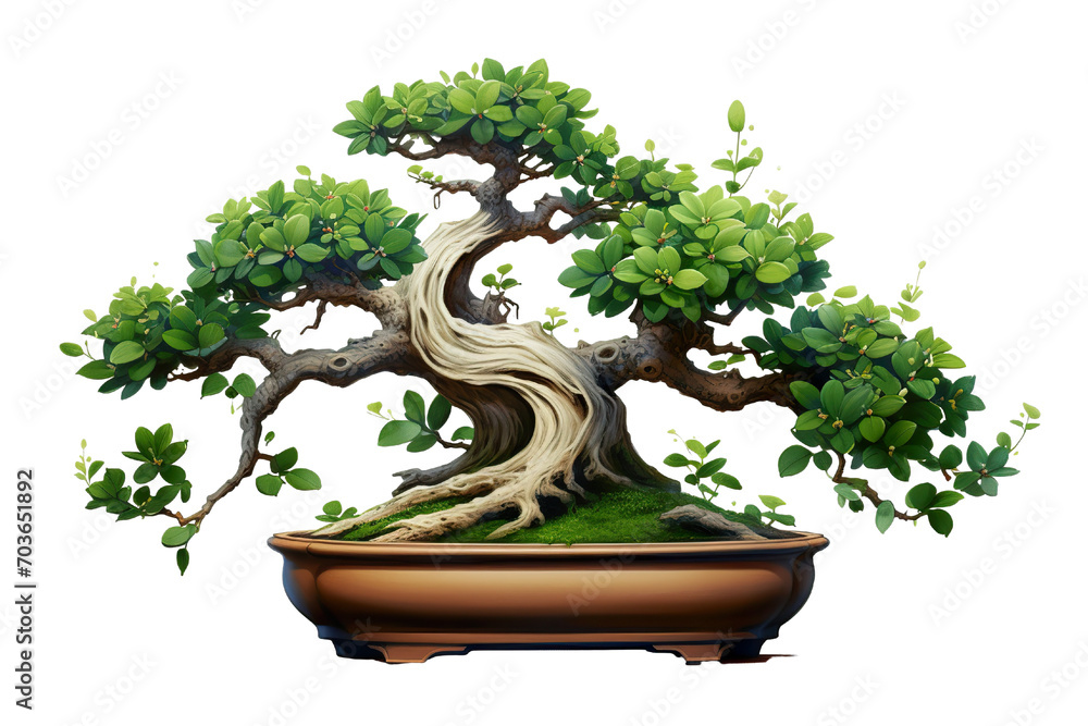 Pot of giant green bonsai with a little flowers on a white background PNG Pot of giant green bonsai with a little flowers on a white background PNG