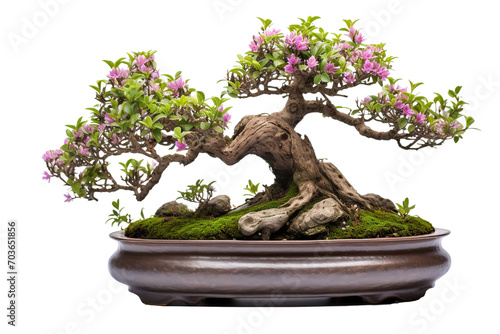 Pot of giant green bonsai with a little flowers on a white background PNG