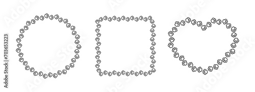 Cute animal paw print frame with copy space. Animal pet dog paw prints border template set. Vector illustration