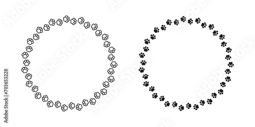 Round frame made of animal paw prints silhouette and outline set. Cute dog paw print track trail border collection. Vector illustration
