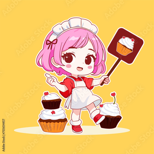 Vector happy cute girl uniform themed bakery food logo cartoon hand drawn anime chibi illustration