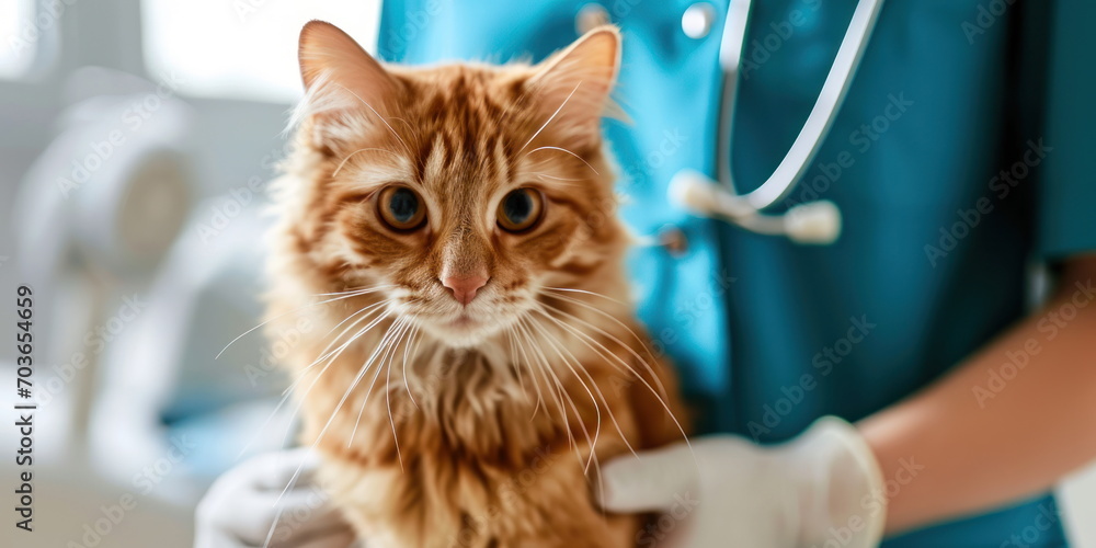 Ginger cat being examined by professional veterinarian in vet clinic in cropped horizontal view. Pet health care, veterinary and animals concept. Ginger cat being examined by professional veterinarian in vet clinic in cropped horizontal view. Pet health care, veterinary and animals concept.