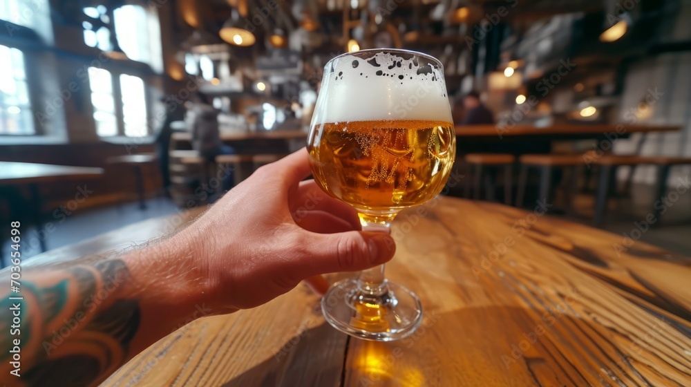 A man's hand holding a glass of beer first person view. Hang out, Party celebration